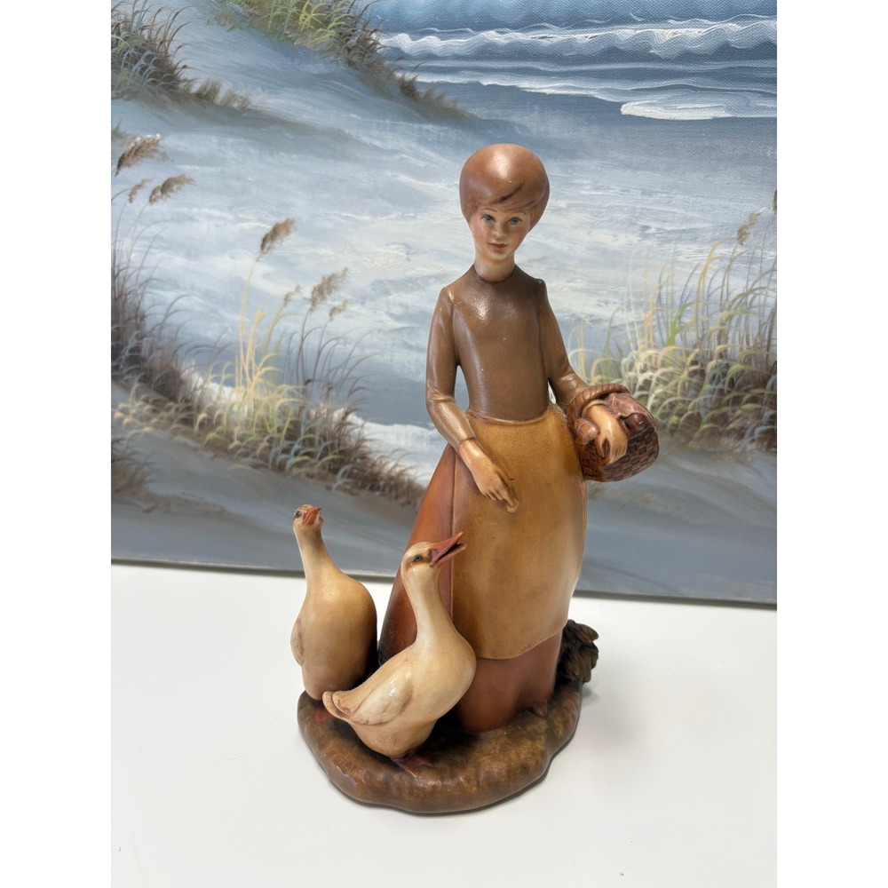 Vintage 1983 Alma Hand Painted‎ Ceramic Figurine Girl with Geese Country Decor